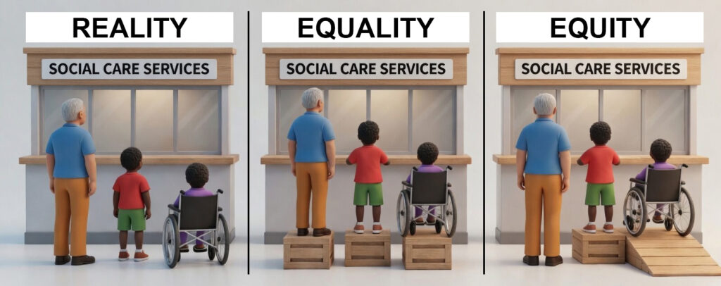 Three-panel illustration contrasting reality, equality, and equity in access to social care services. In the first panel, labelled "Reality", a tall older man, a short child, and a wheelchair user stand at a Social Care Services counter — the man can see over it, but the child and wheelchair user cannot reach it. In the second panel, labelled "Equality", all three are given identical wooden crates to stand on; the man and child can now see over the counter, but the wheelchair user still cannot use the crate. In the third panel, labelled "Equity", the supports are tailored to individual need: the child has a taller step, and the wheelchair user has a sloped ramp — giving everyone equal access to the counter.